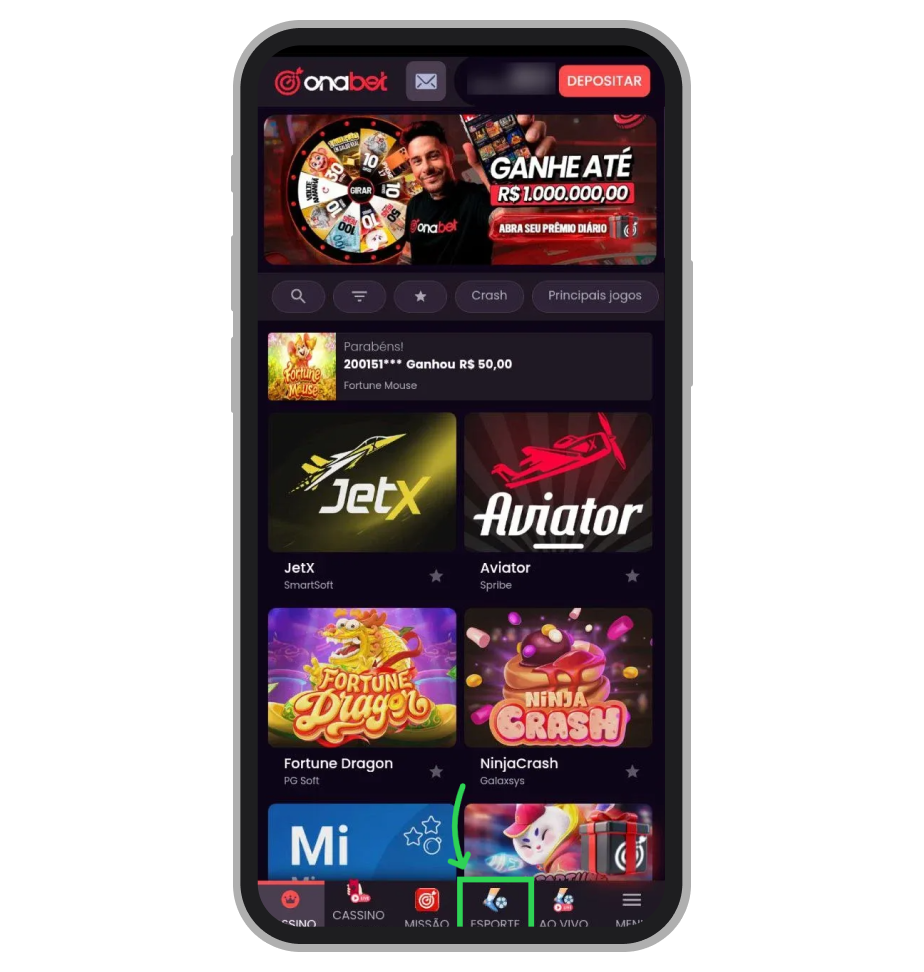 Na tela inicial selecione a aba de esportes