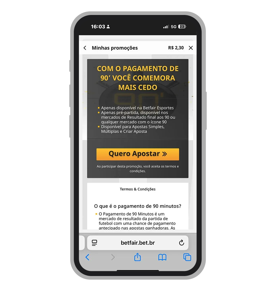 Funcionalidade Pagamento de 90 Minutos da Betfair