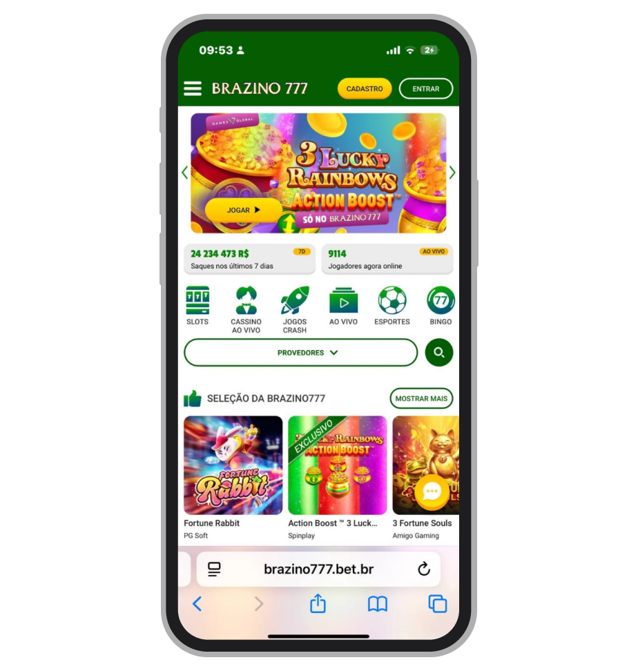 A página inicial do site mobile da Brazino777
