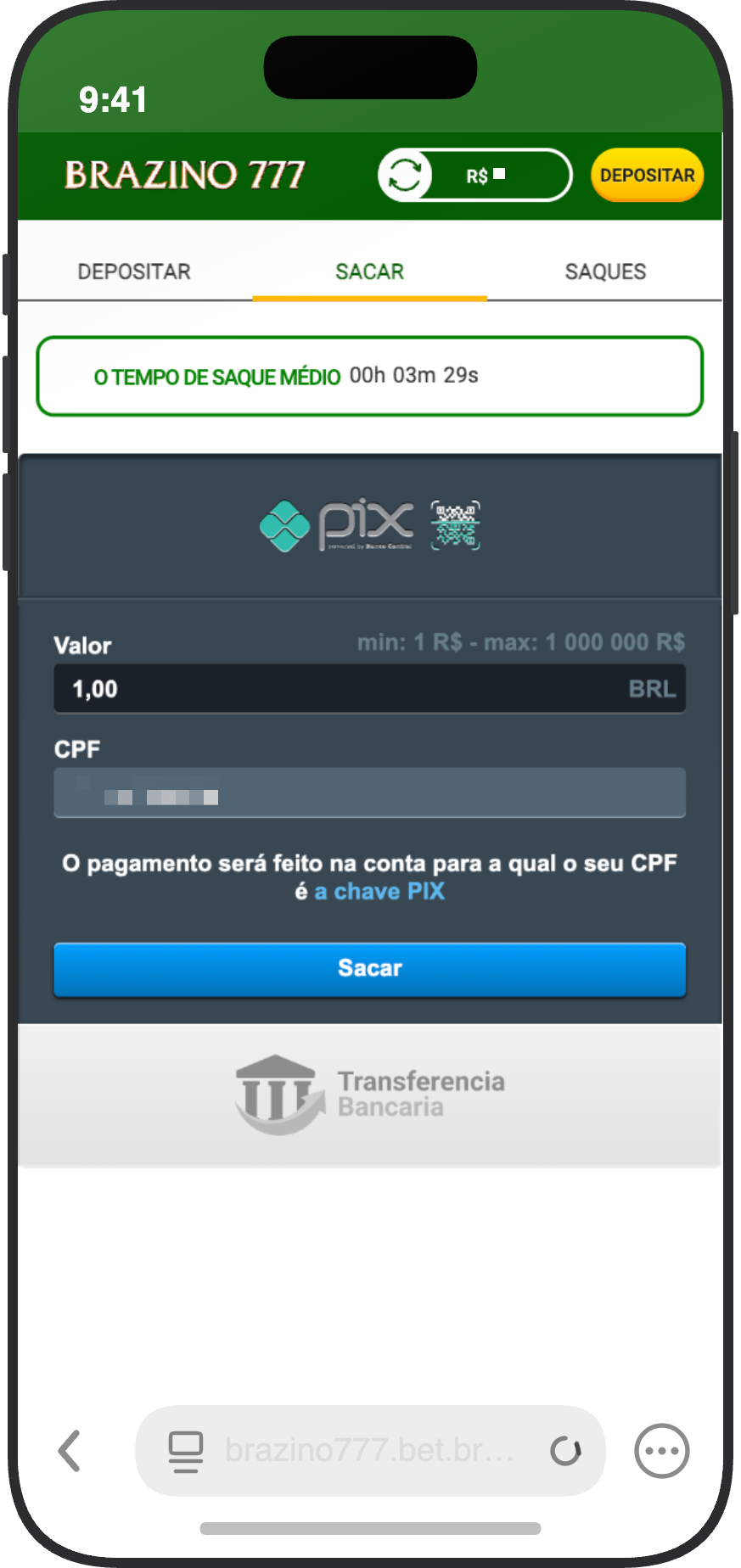 Tela de saque via Pix da Brazino777 com valor mínimo de R$ 1 e tempo médio de 3 minutos