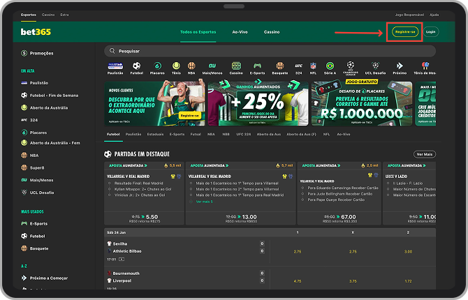 Toque no botão "Registre-se" no site da Bet365