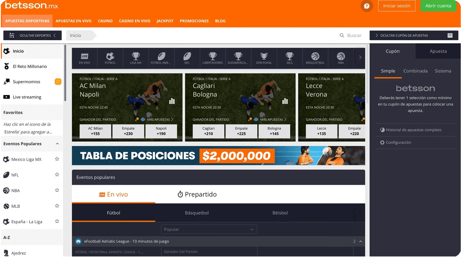 Página principal. Betsson