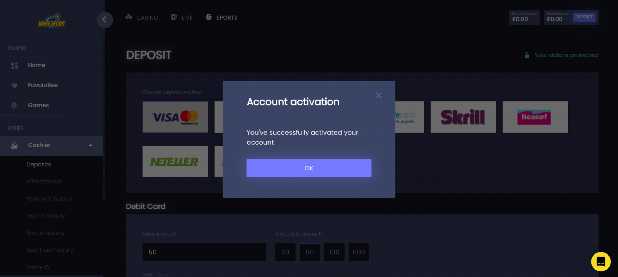 Click to acknowledge the successful activation of your account.