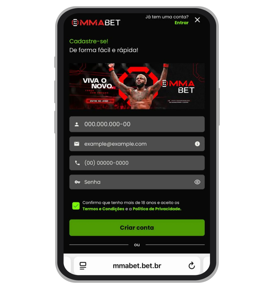 Formulário de cadastro no site da MMABet 