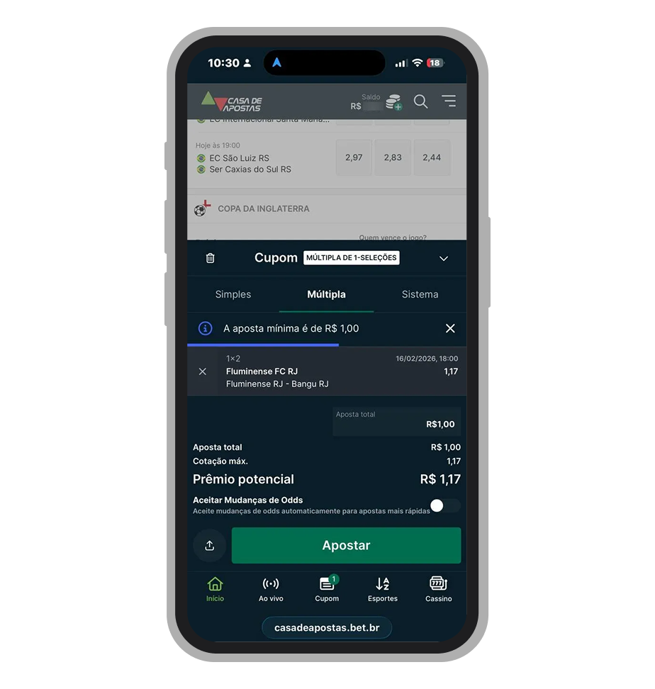 Valor mínimo de aposta no site mobile da Casa de Apostas
