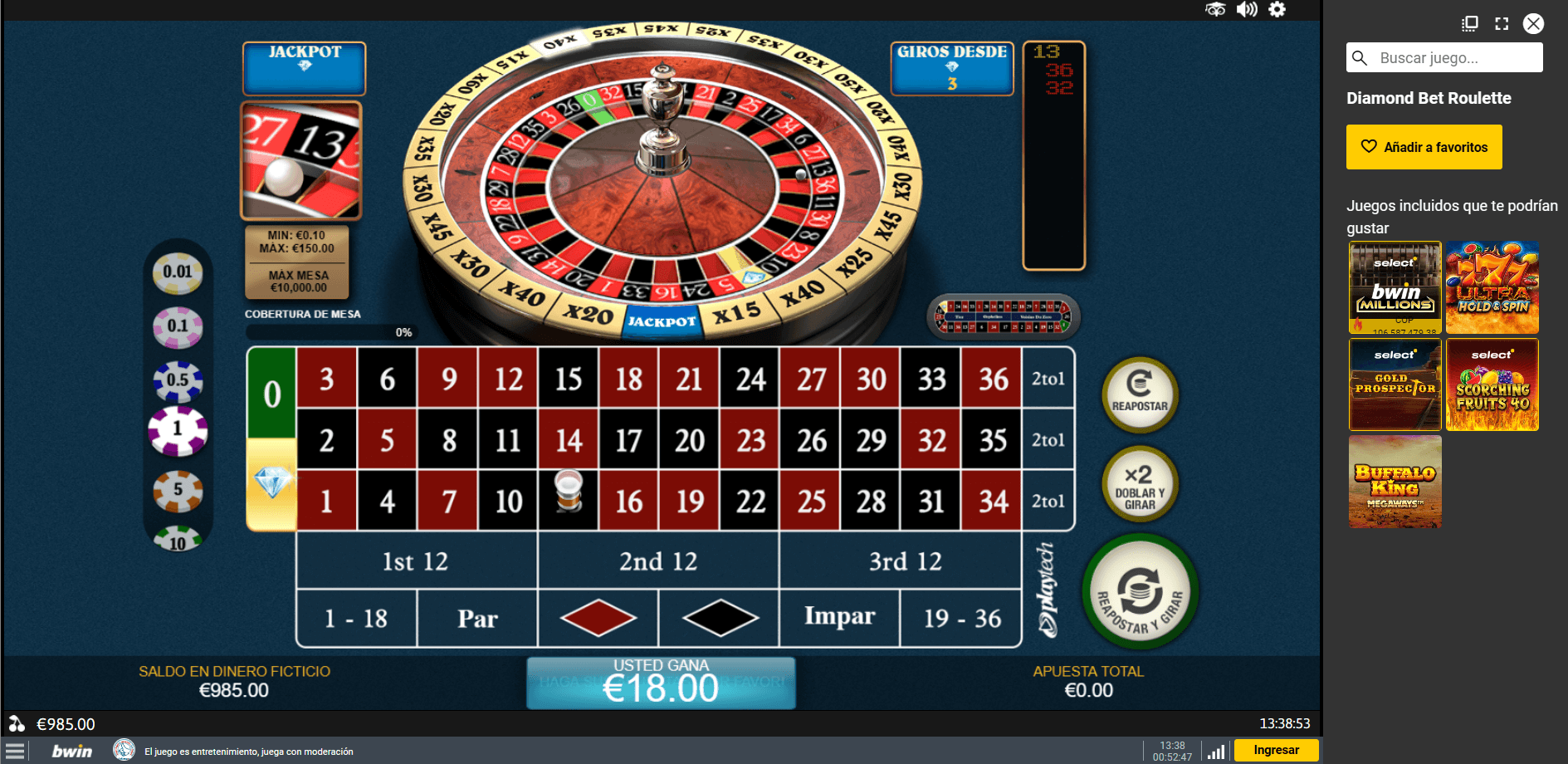 Diamond Bet Roulette de Playtech, la versión demo