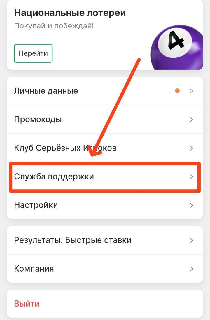 Раздел «Служба поддержки» в профиле