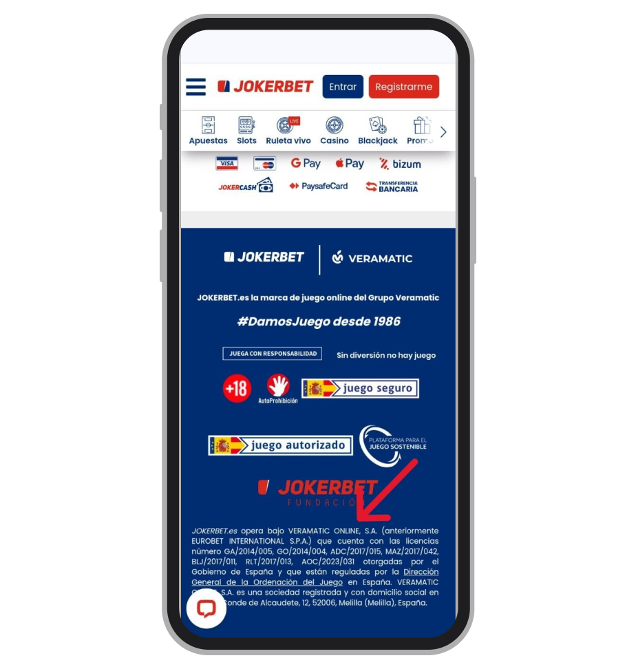 Información sobre licencias a pie de la página web
