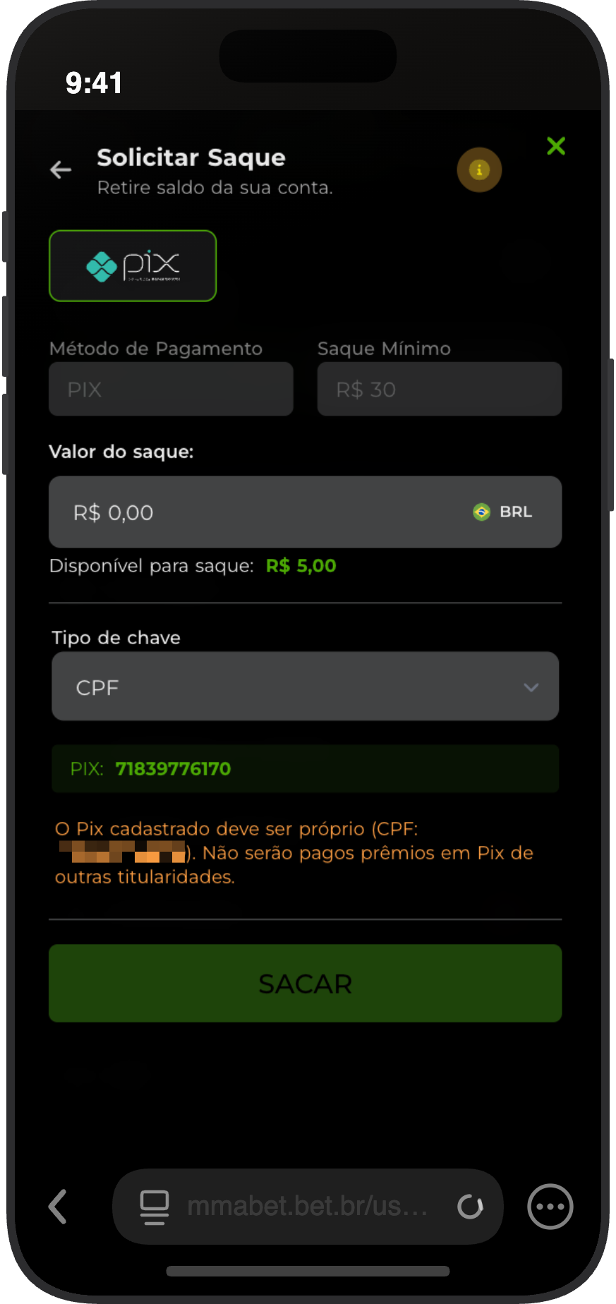 Tela de solicitação de saque via Pix da MMABet com campo de CPF e valor disponível
