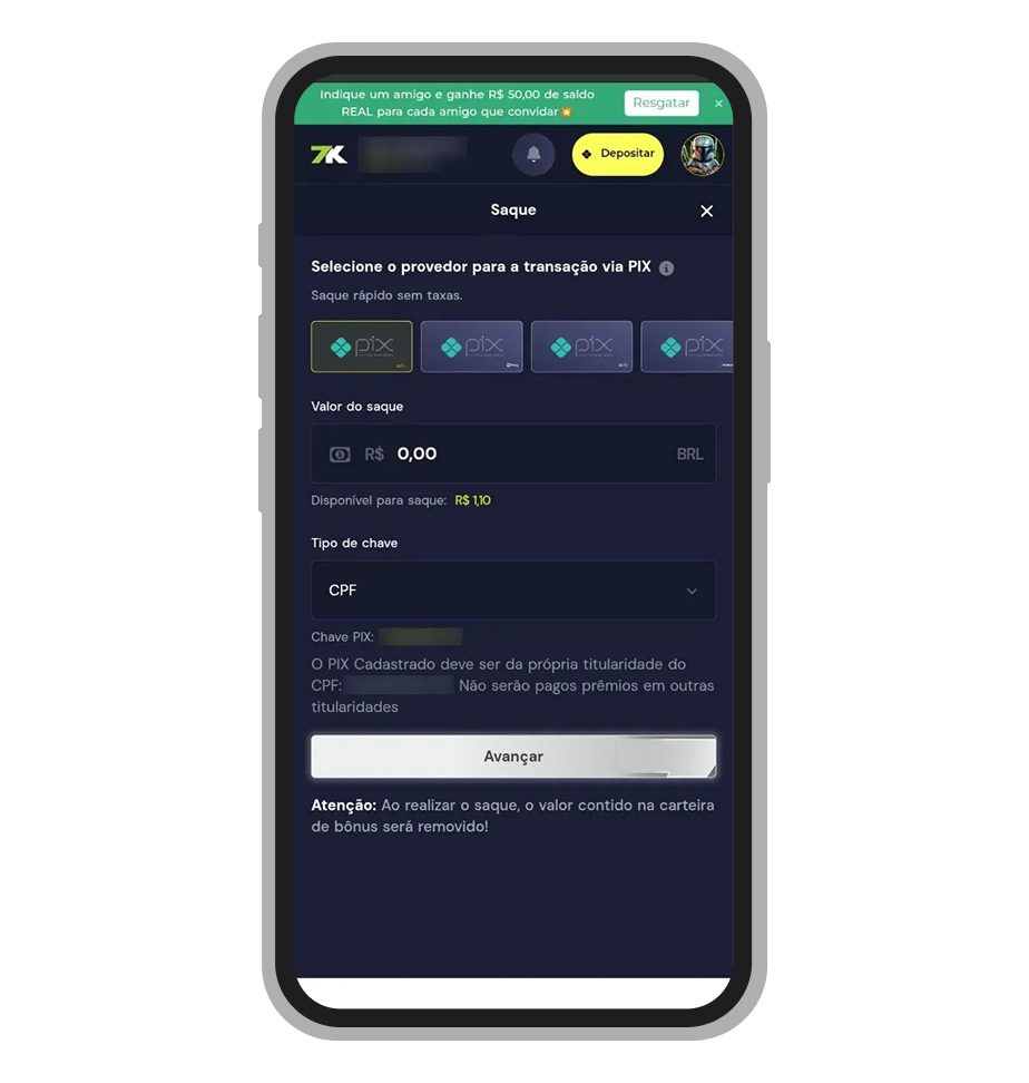 Informe o valor de saque, escolha a chave Pix e confirme a transferencia 