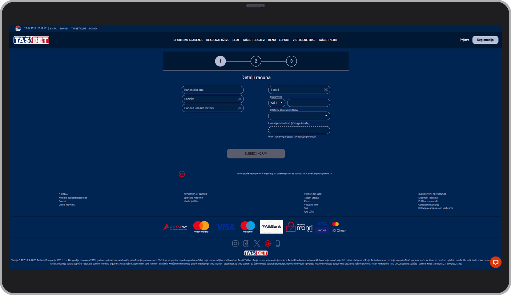 Taš Bet registracija putem kompjutera