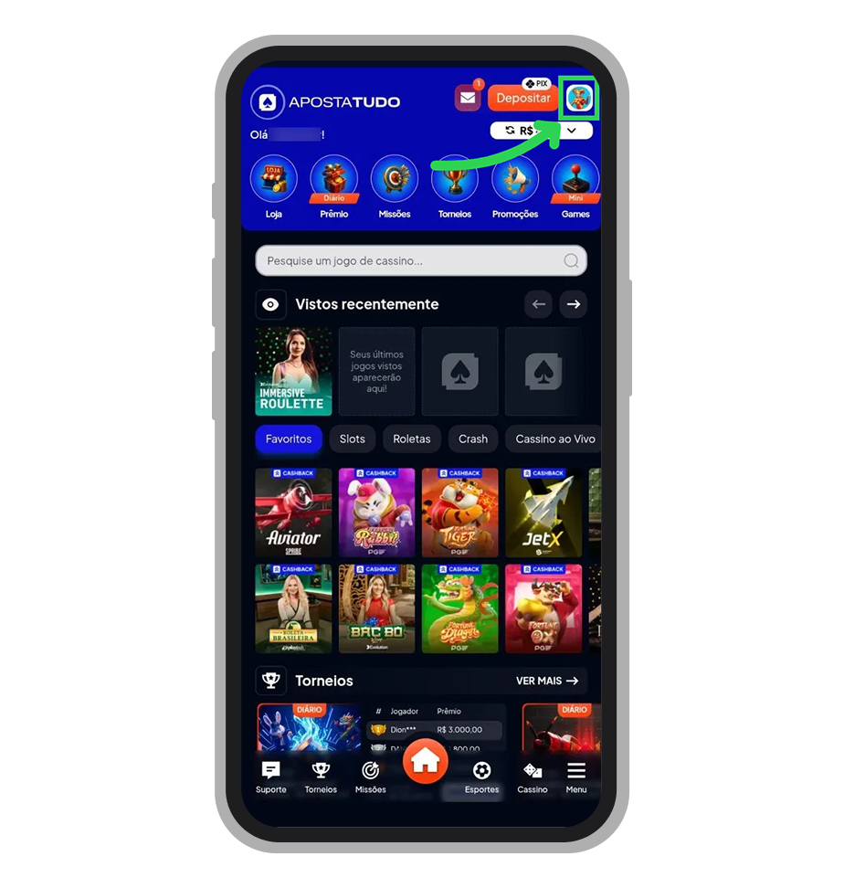 Toque no ícone do perfil