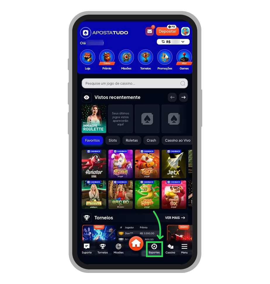 Na tela inicial do app Apostatudo, toque em “Esportes” no menu inferior 