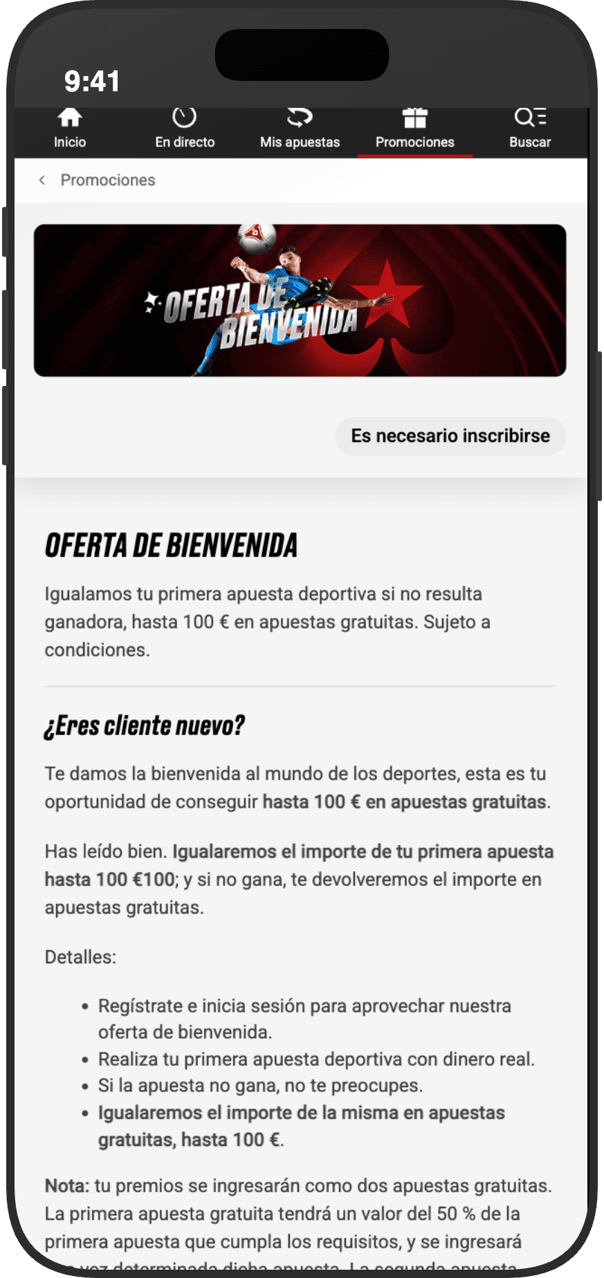 Oferta de bienvenida para apuestas deportivas: te igualamos tu primera apuesta deportiva hasta 100€ en apuestas gratis si no resulta ganadora 