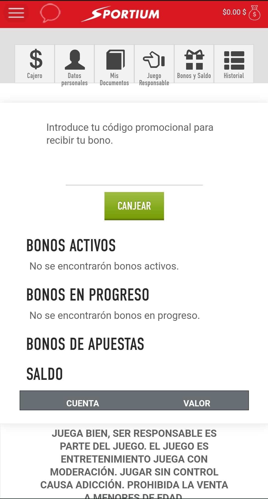 Canjear bonos en Sportium App