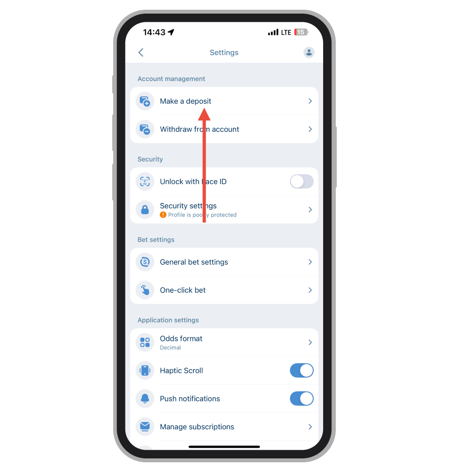 Вкладка пополнения счёта в настройках аккаунта
