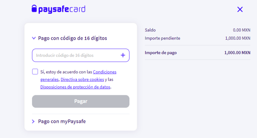 Redirección a la página de pago en el sitio web de paysafecard