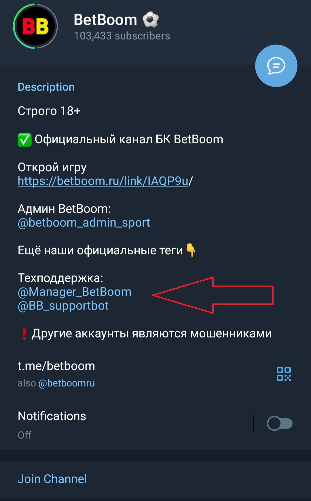 Страница БК в Telegram