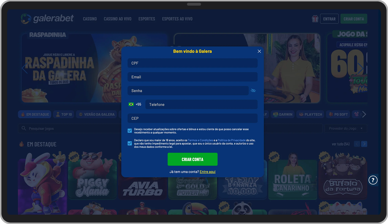 Formulário de cadastro no site desktop
