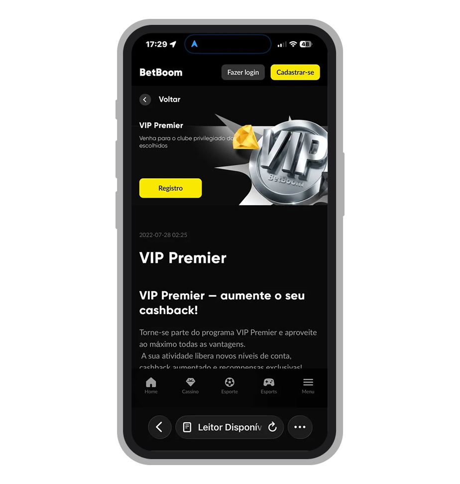 Tela do programa VIP Premier da BetBoom com 100 níveis e status de progresso