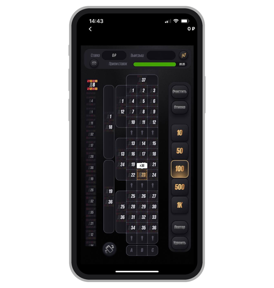 Размещение фишки и выбор суммы