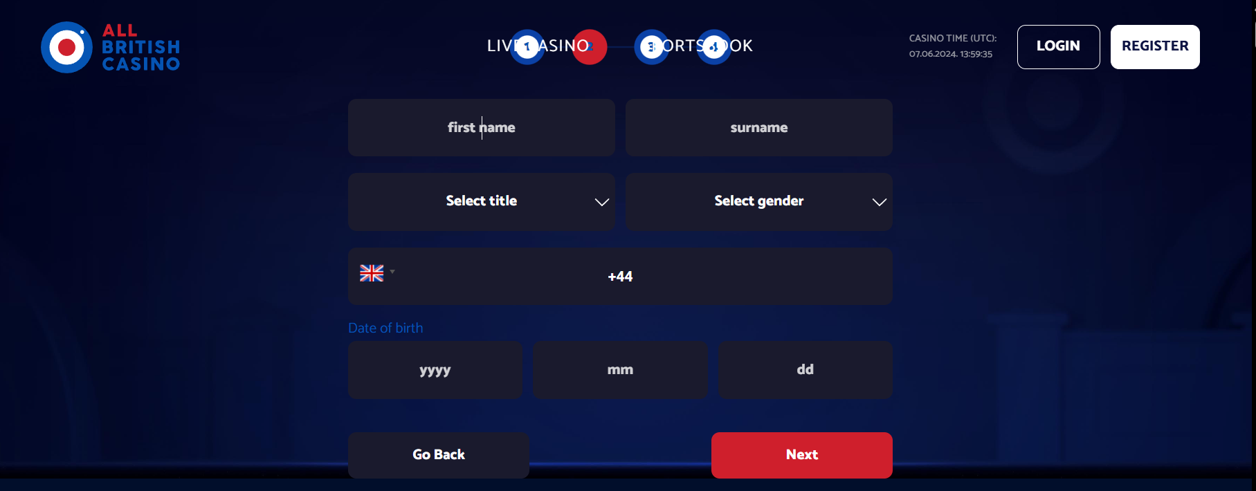 All British Casino registration form