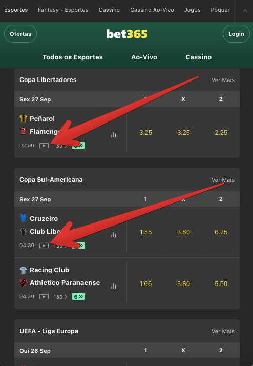 Acesso às transmissões na Bet365