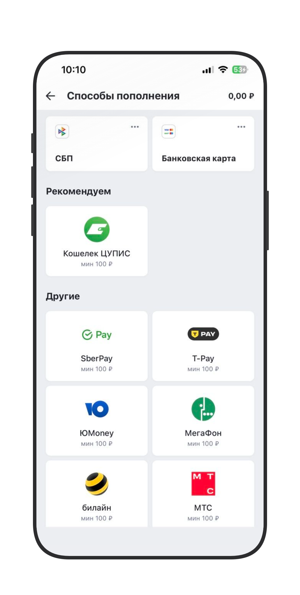 Выбор способа пополнения игрового счета