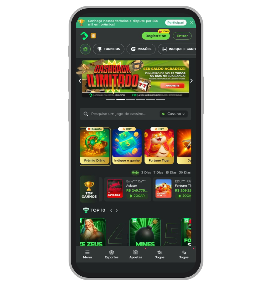 A tela inicial do Bullsbet app