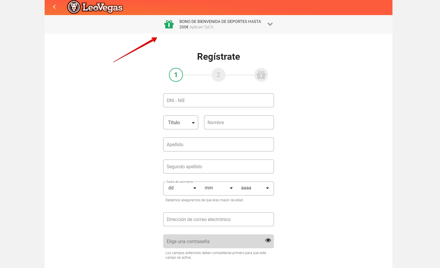 Página de registro y selección del bono de bienvenida en LeoVegas