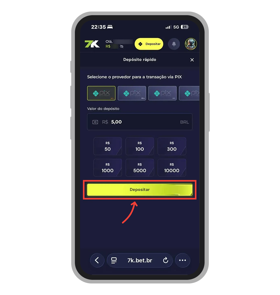 Selecione o provedor Pix e insira o valor do depósito na 7K.bet 