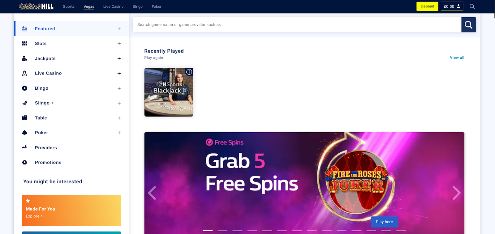Locate the Deposit tab at the top of the William Hill Casino homepage.