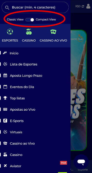 Compact view no menu principal na plataforma Esportes da Sorte