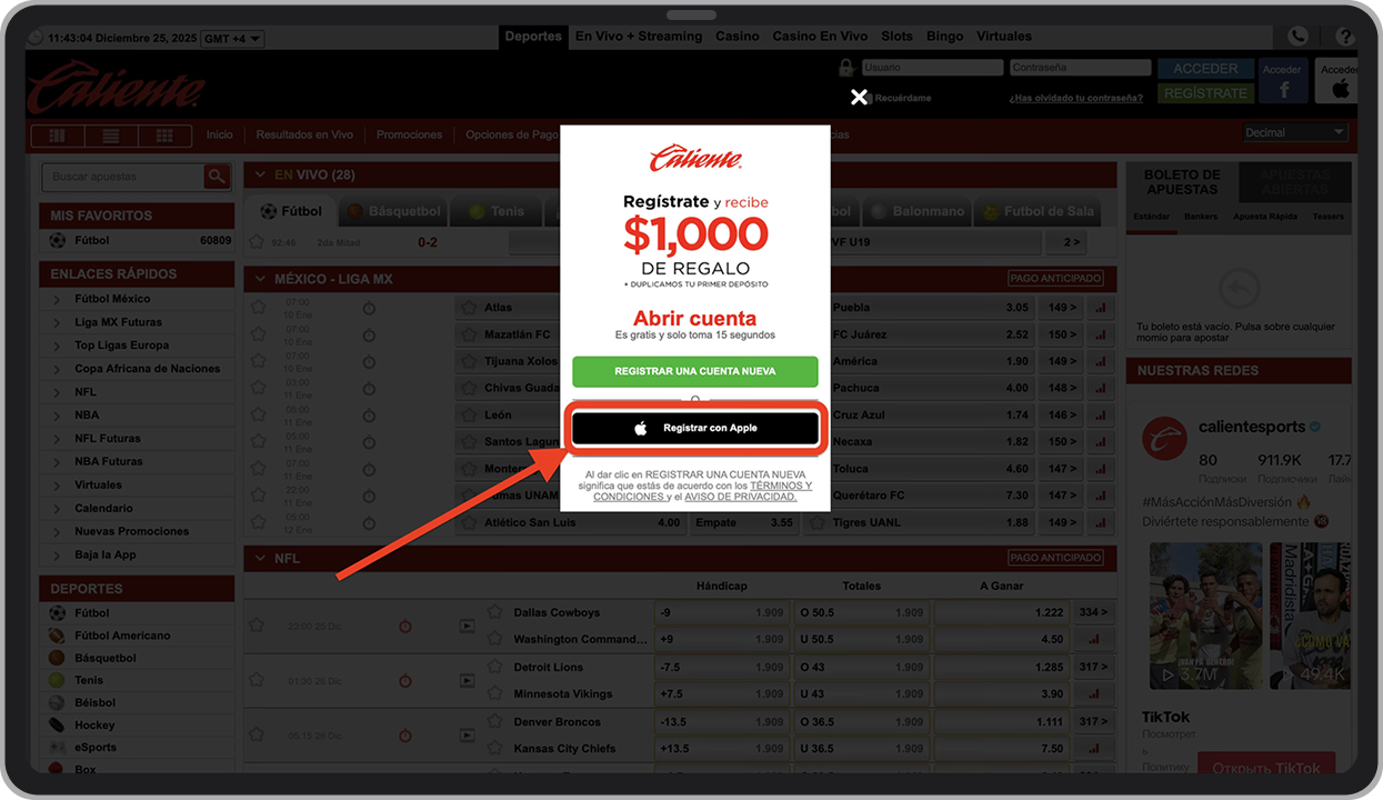 Registro a través de una cuenta de Apple