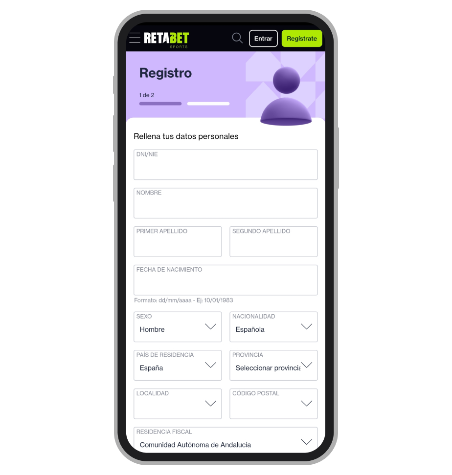 Página de registro en Retabet