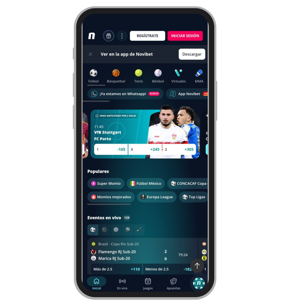 Pantalla de inicio de Novibet