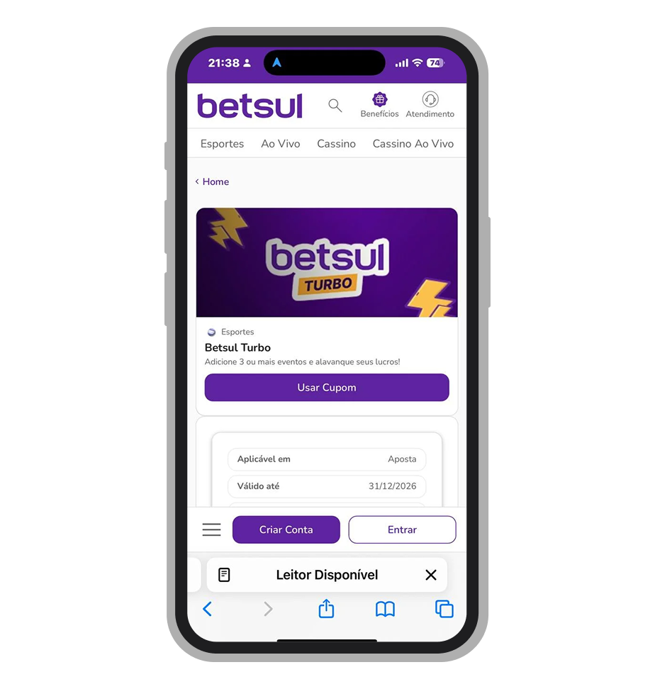 Tela da promoção Betsul Turbo mostrando bônus para apostas múltiplas com aumento de odds em bilhetes combinados