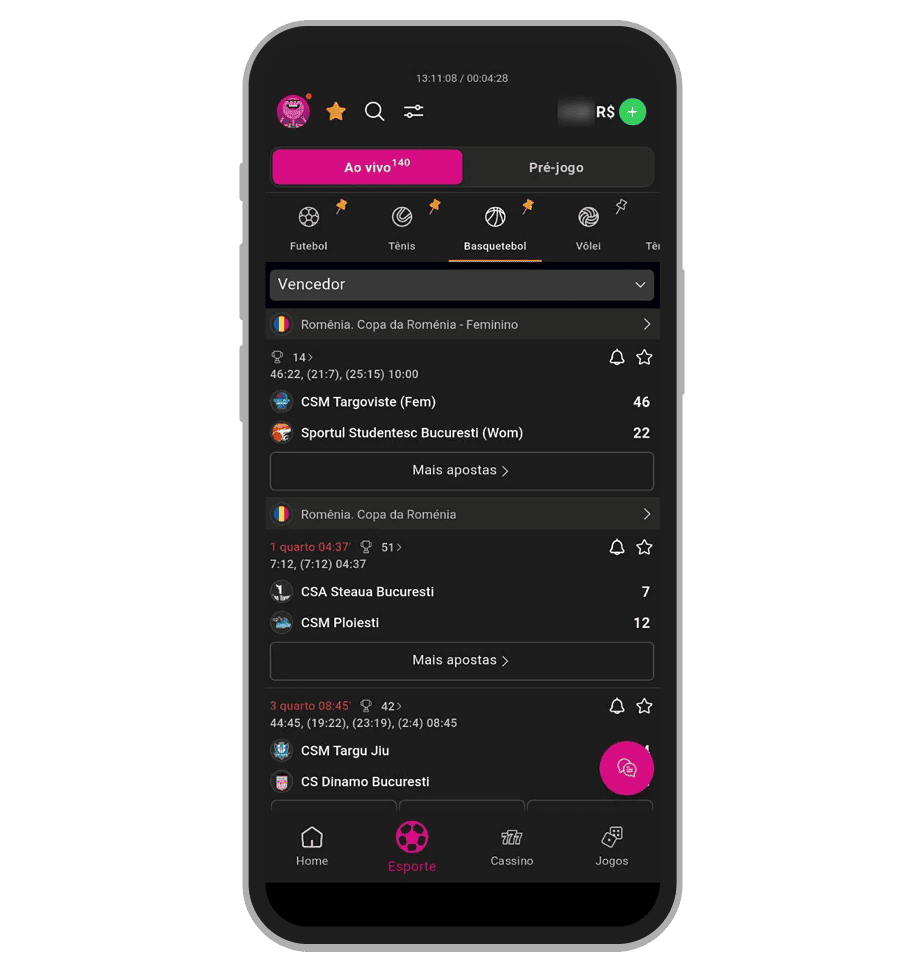 Colar os esporte no menu de eventos ao vivo