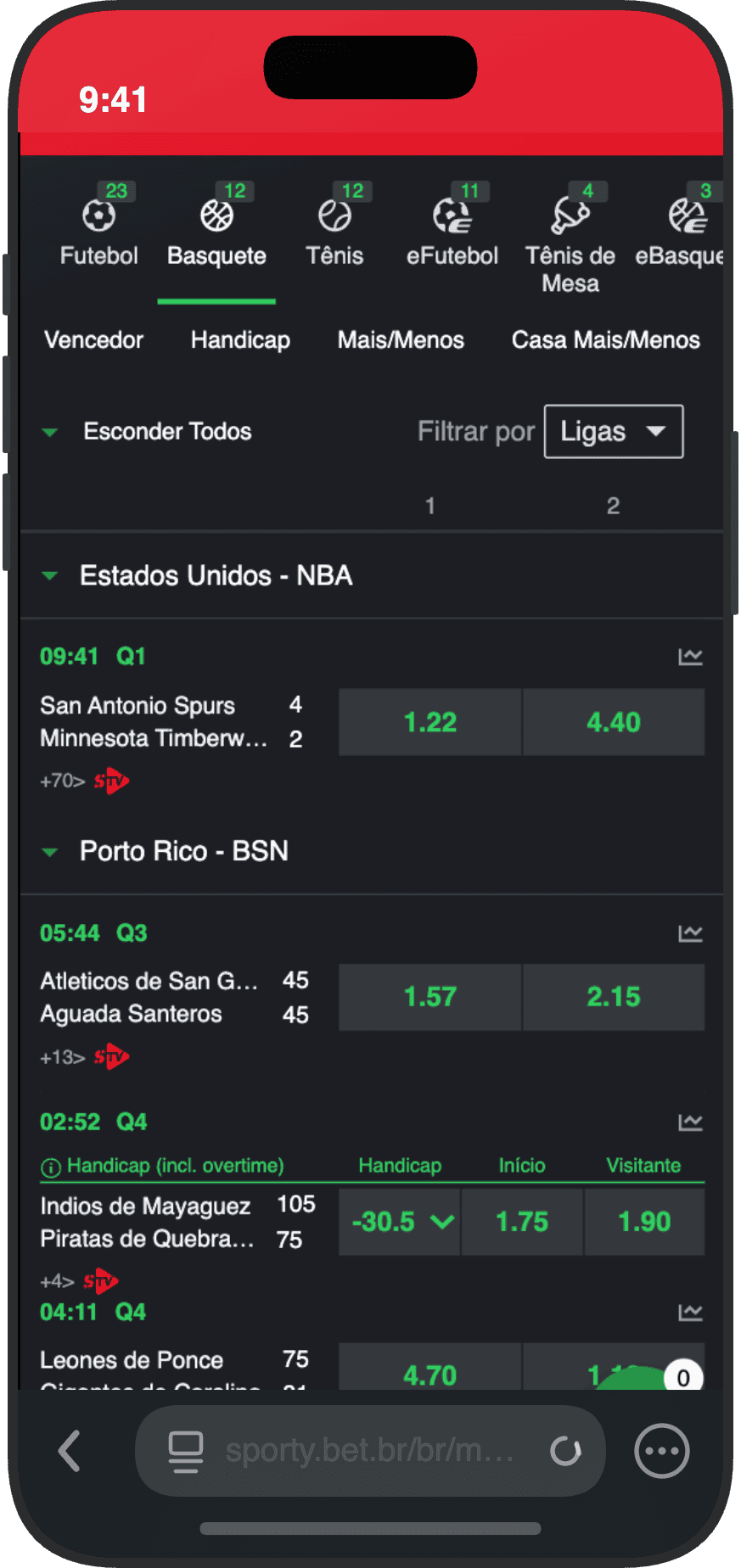 Apostas ao vivo de basquete na SportyBet com NBA e BSN de Porto Rico