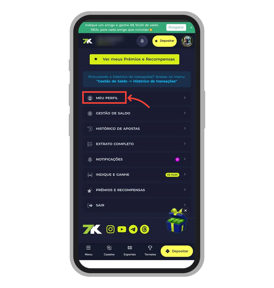 Toque no botão “Meu Perfil”