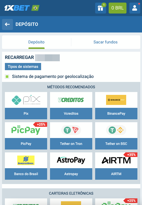 Escolha o método de depósito