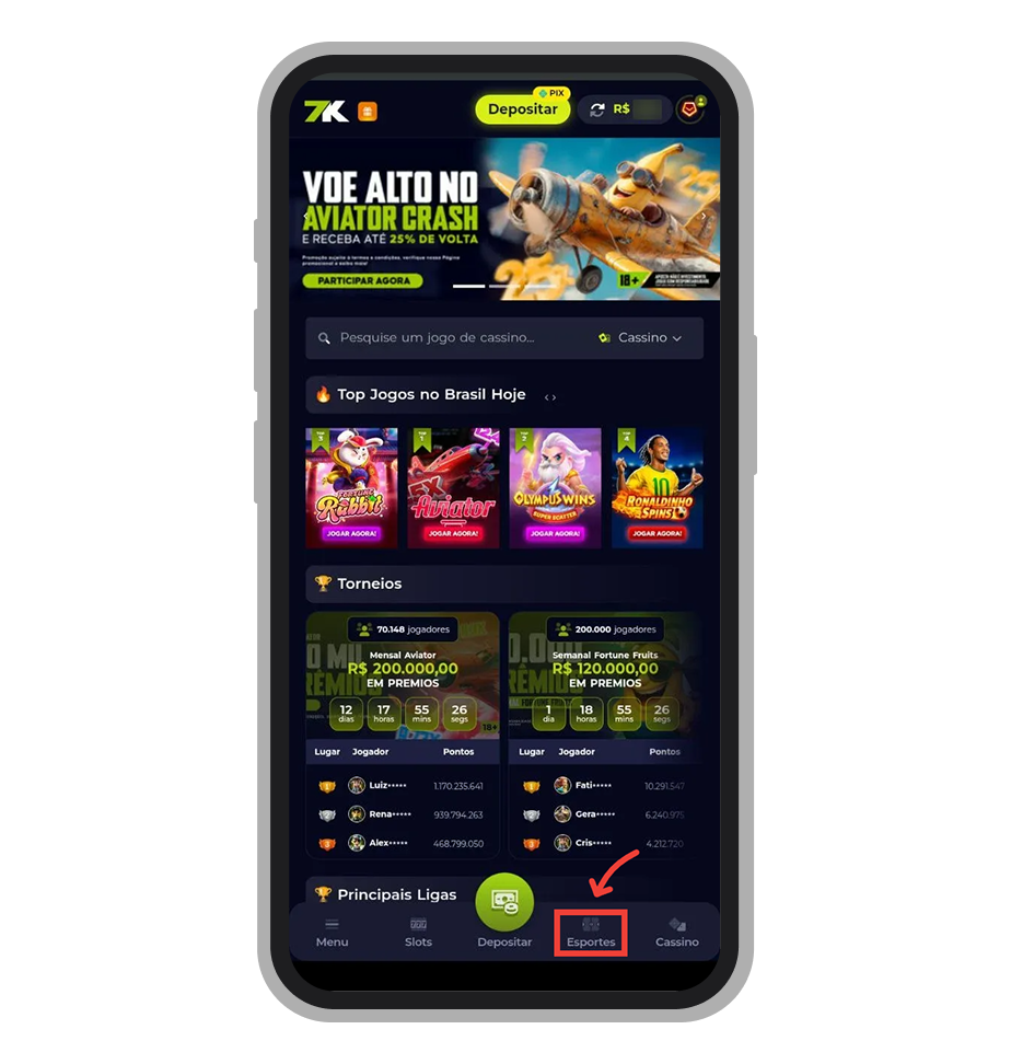 Clique na aba “Esportes”