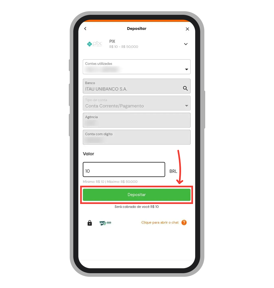 Insira o valor que quer adicionar a conta 
