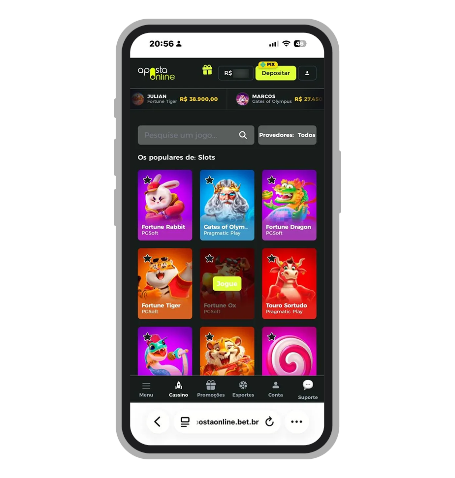 Catálogo de slots do cassino Aposta Online com filtro por provedor