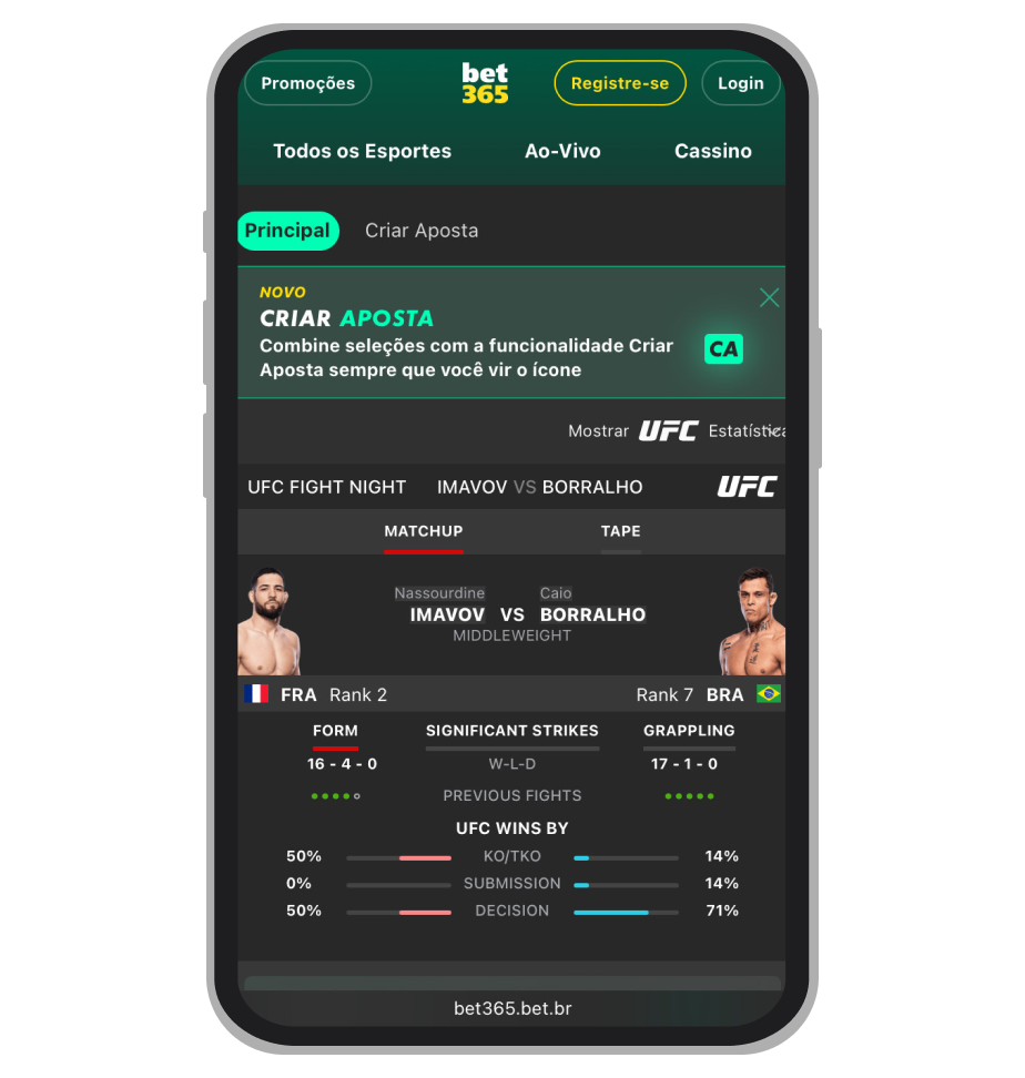 Comparação de lutadores no Bet365