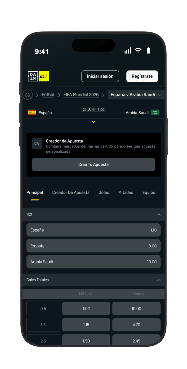 Mercados de España vs Arabia Saudí en DAZNBet con cuotas 1X2 (1.10/8.00/23.00), total de goles y Creador de Apuesta para el Mundial 2026