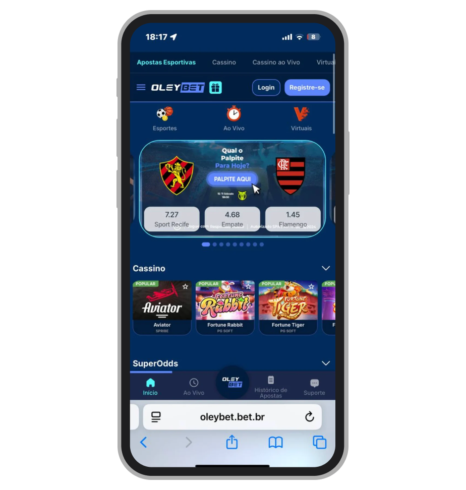A página inicial do site Oleybet