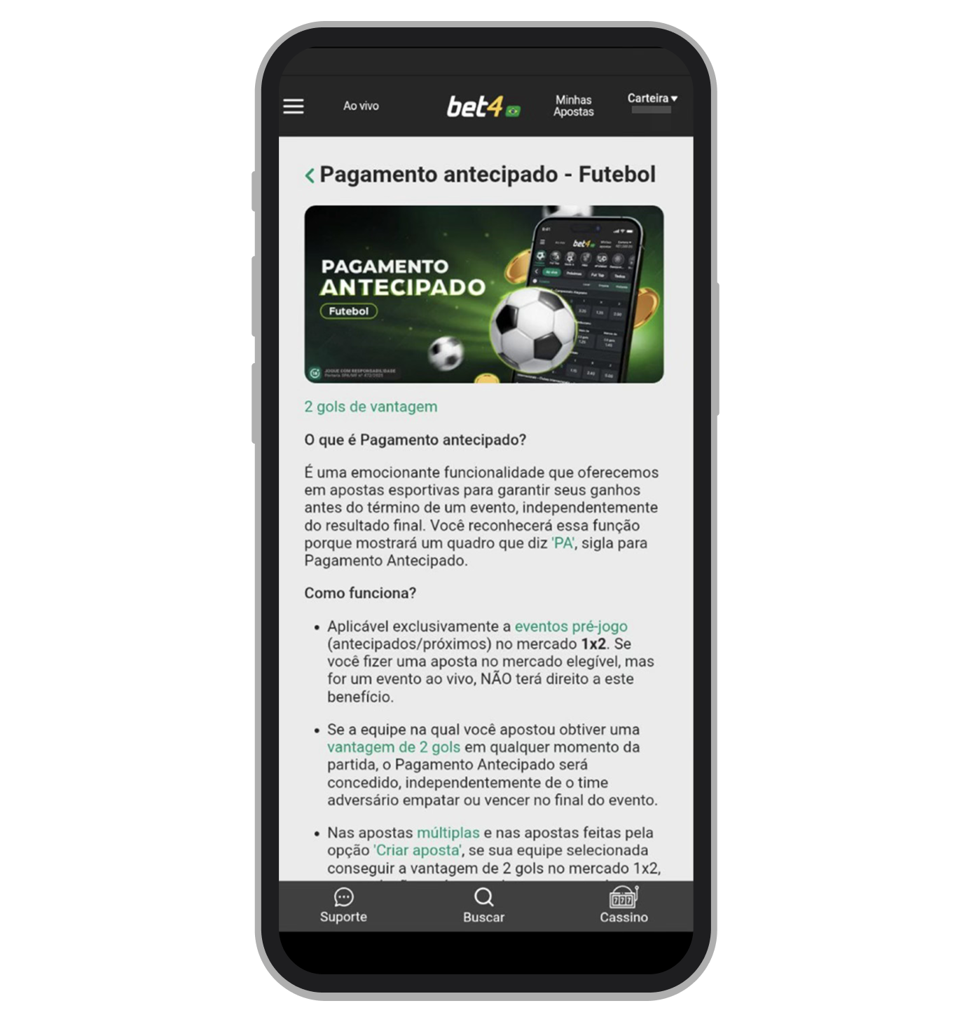 Pagamento antecipado no app Bet4