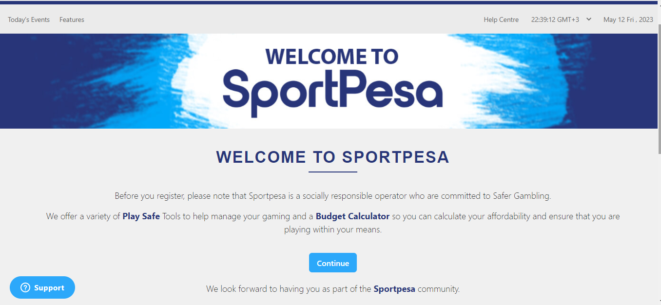 SportPesa welcome page