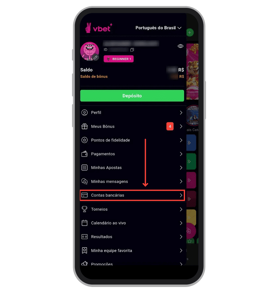 Pressione “Contas bancárias” no menu